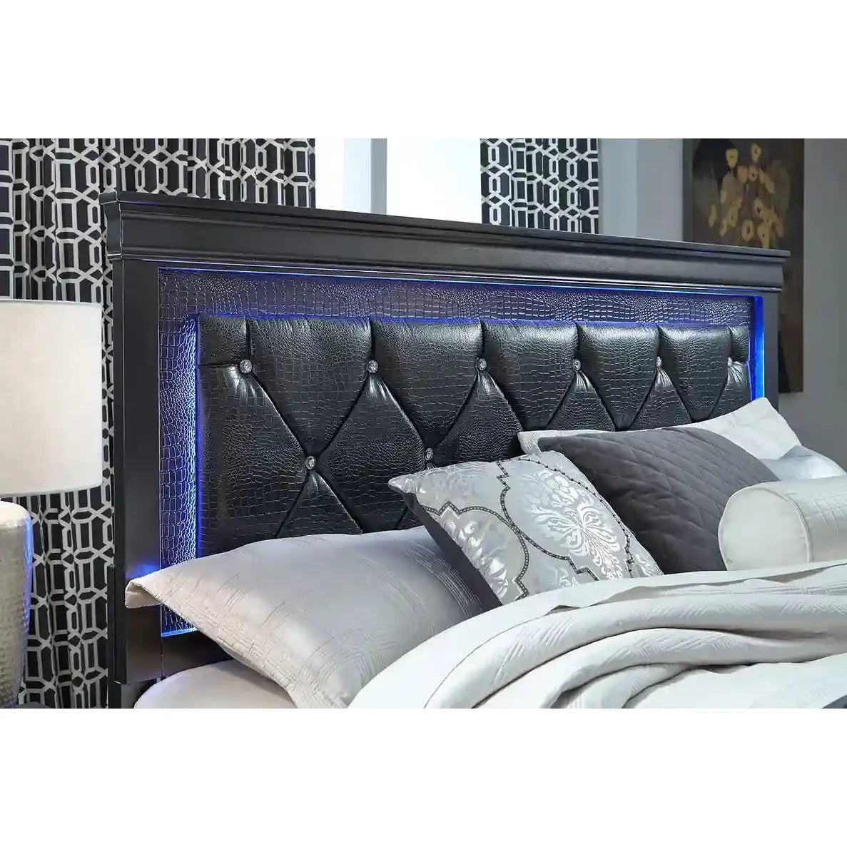 Black leather headboard with blue lighting 