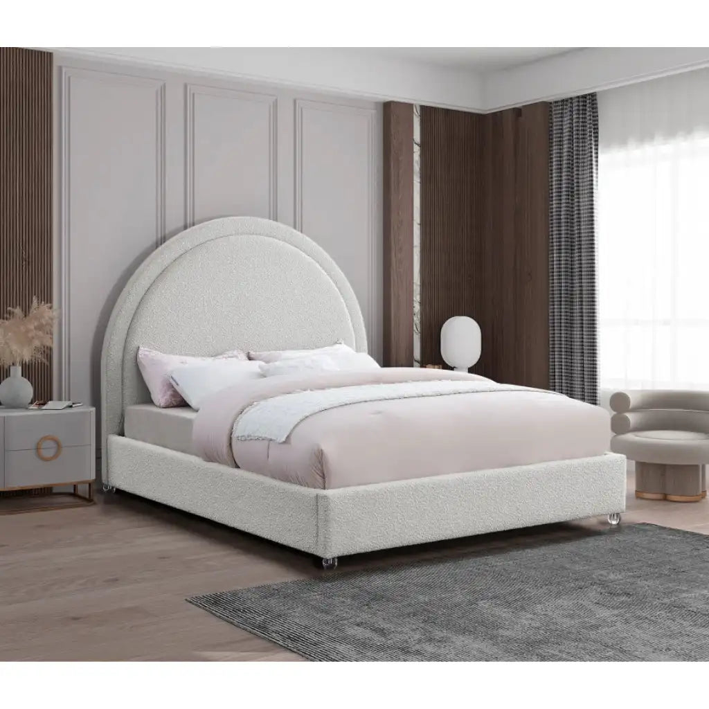 Queen Bed with Cream Bouclé Upholstery