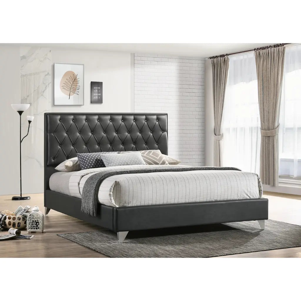 Black Queen Bed with Diamond Button Headboard