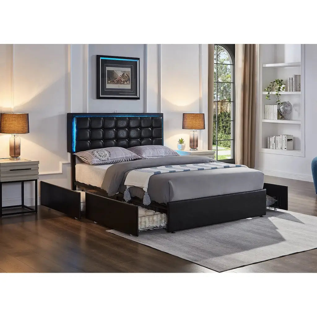 Black Queen bed with LED light and storage option