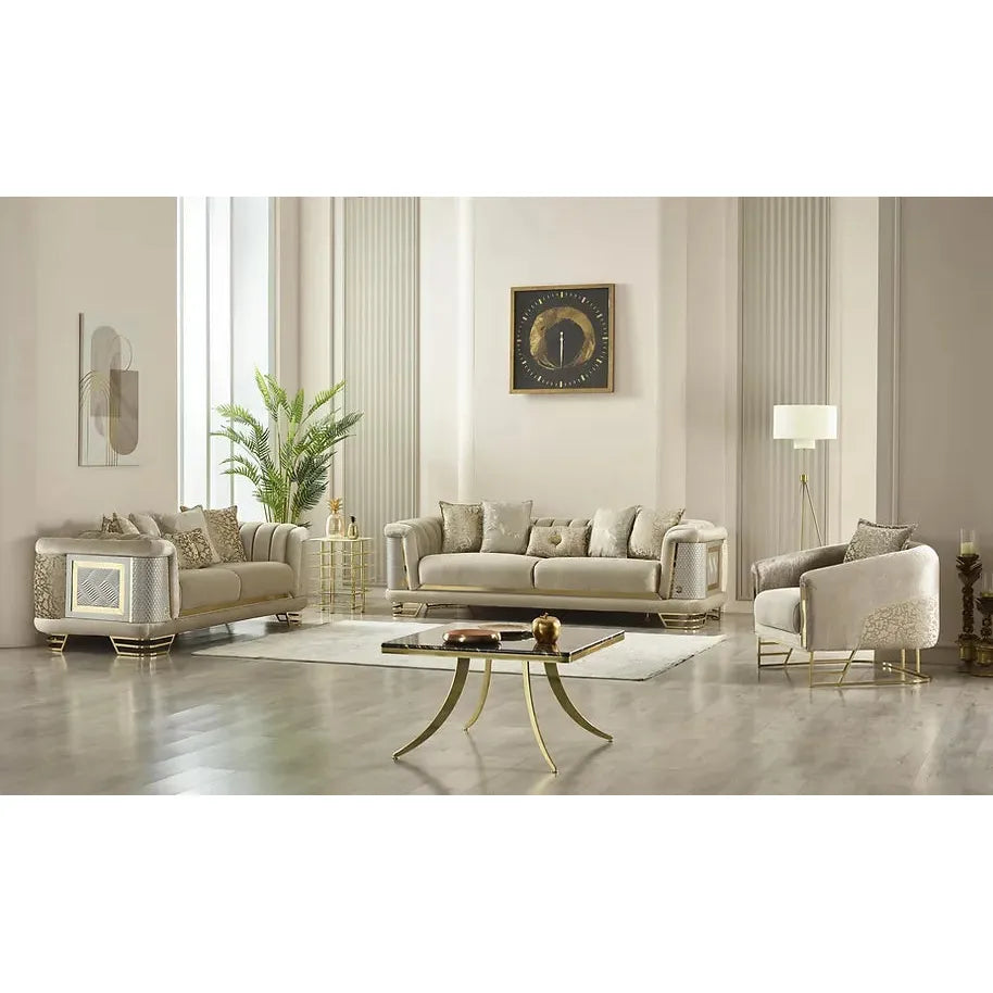 ROMANCE Sofa Set – Beige & Gold Textured Fabric with Steel Legs and Dual Design Options