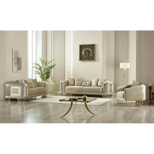 ROMANCE Sofa Set – Beige & Gold Textured Fabric with Steel Legs and Dual Design Options