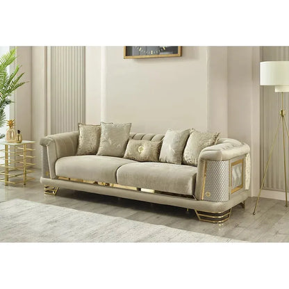 ROMANCE Sofa Set – Beige & Gold Textured Fabric with Steel Legs and Dual Design Options