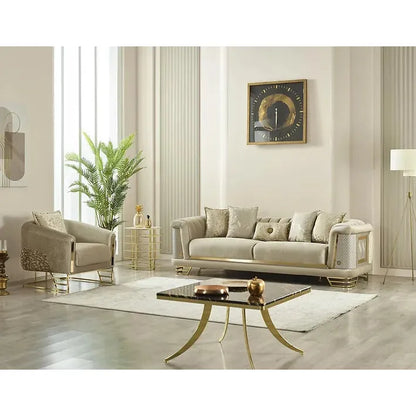 ROMANCE Sofa Set – Beige & Gold Textured Fabric with Steel Legs and Dual Design Options