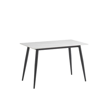 Rectangular table with white marble surface and black legs 