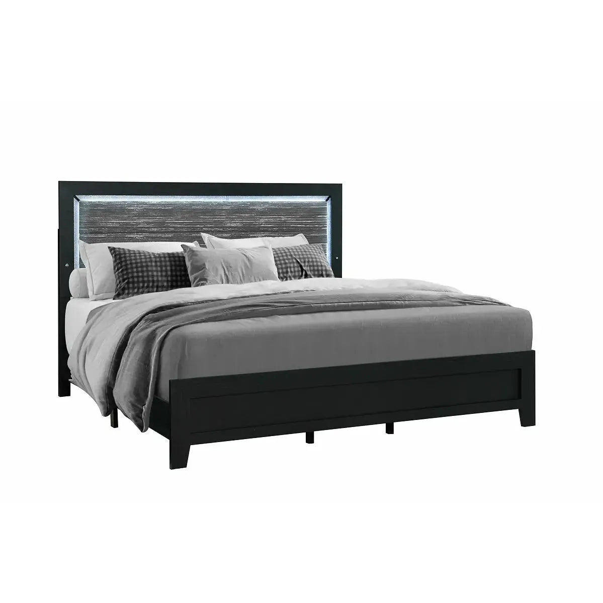 Black metal bed frame with grey bedding