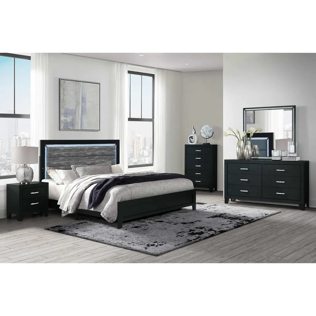 Modern bedroom set with bed, dresser, and mirror