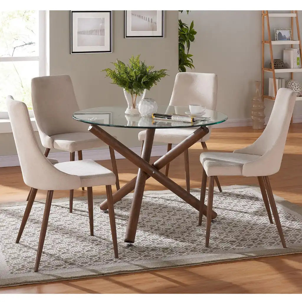 Rocca/Cora 5pc Glass Dining Table Set – Round Walnut Table