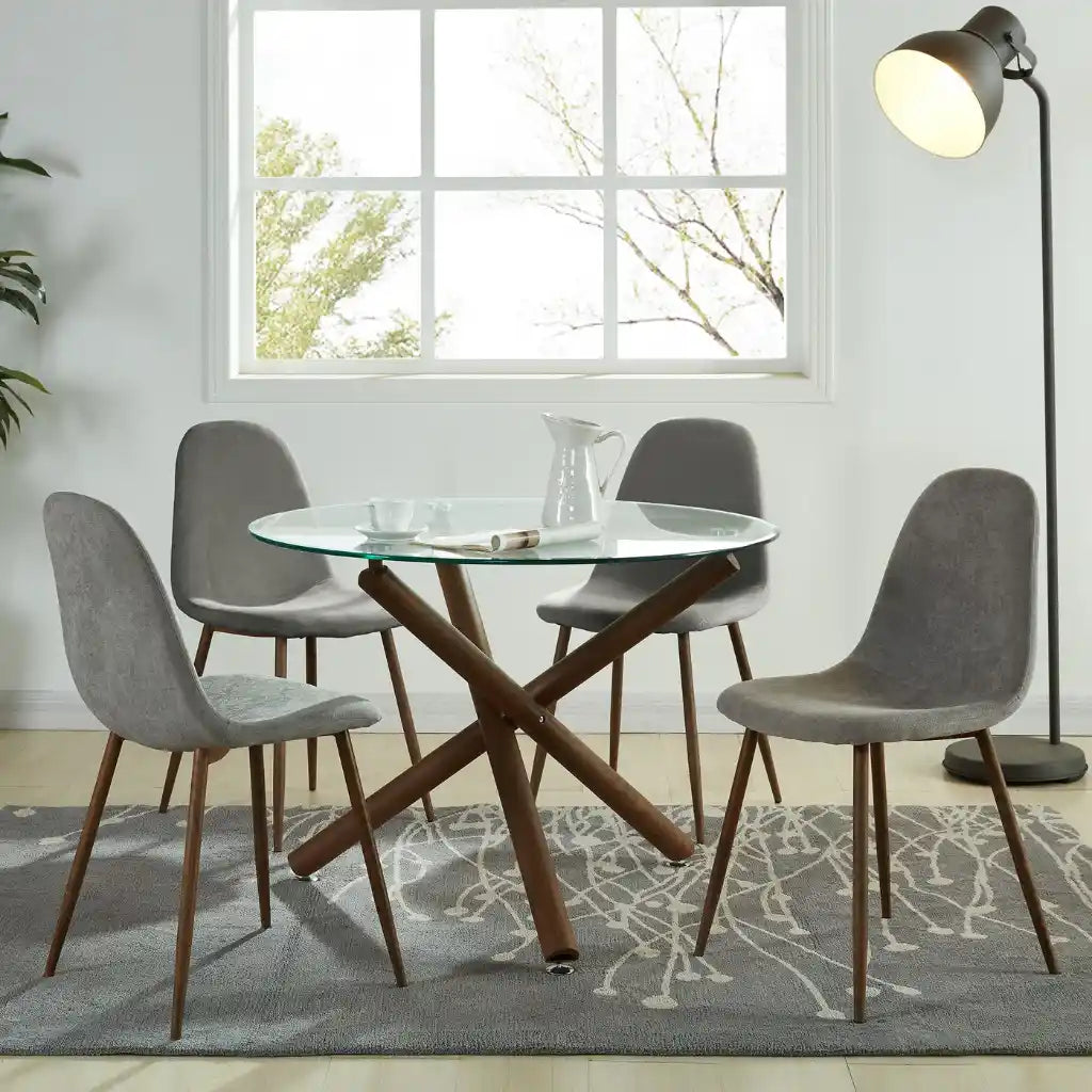 Rocca/Lyna 5pc Glass Dining Table Set – Beige Upholstered Chairs