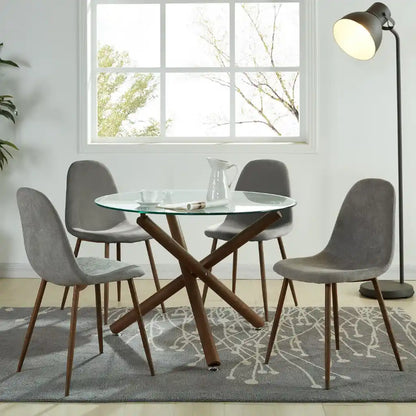 Rocca/Lyna 5pc Glass Dining Table Set – Beige Upholstered Chairs