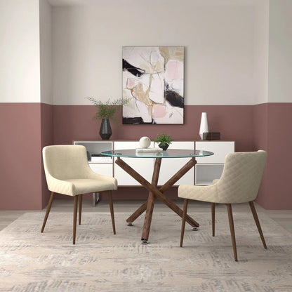 Rocca Round Glass Dining Table with Walnut Finish & Metal Base