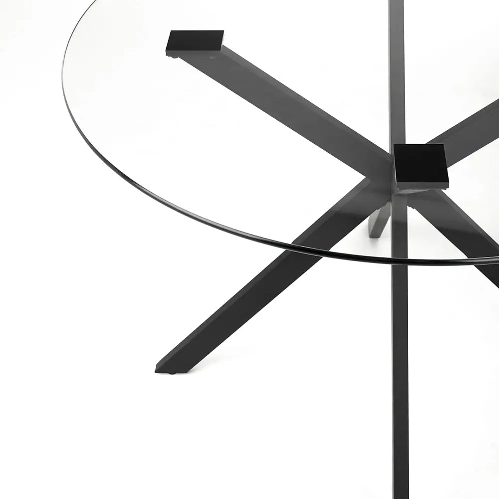 Frances Round Clear Glass Dining Table with Black Criss-Cross Base