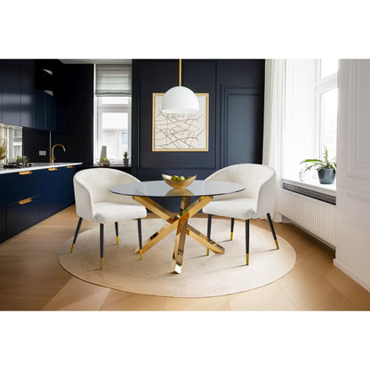 Helen 55 Inch Round Glass Dining Table with Brushed Gold Base