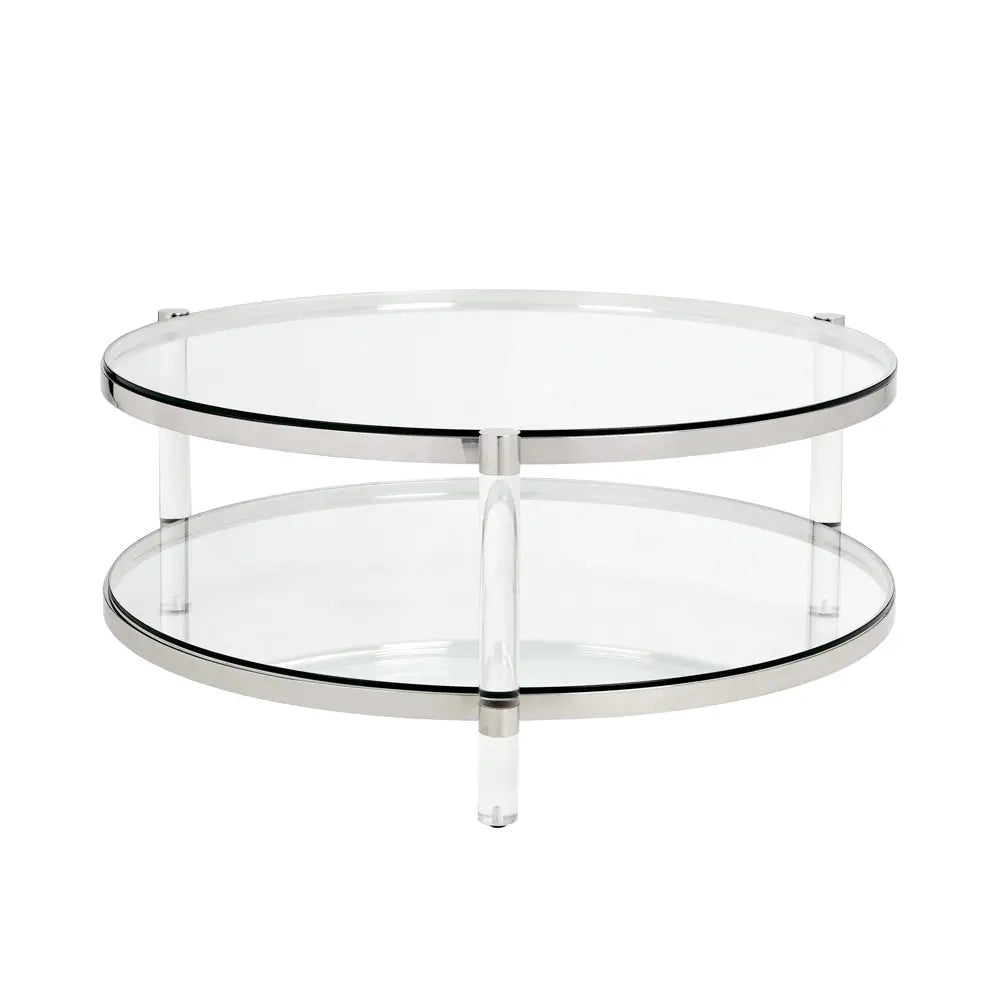 Round Tempered Glass Coffee Table – Modern Polished Steel Frame