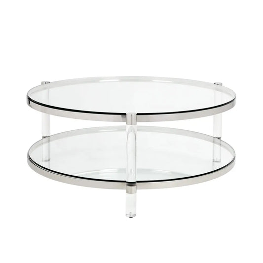 Round Tempered Glass Coffee Table – Modern Polished Steel Frame