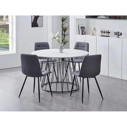 Dining room set with a round white table and gray chairs 