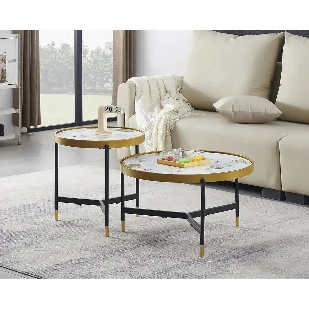 Round marble coffee table set with gold accents for living room