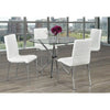 Dining room set with  round  glass table and white chairs 