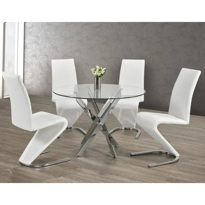 Modern round  glass dining table with white chairs