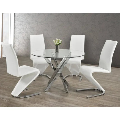 Modern round  glass dining table with white chairs