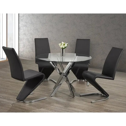 Dining room set with a glass table and black chairs 