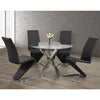 Dining room set with a glass table and black chairs 