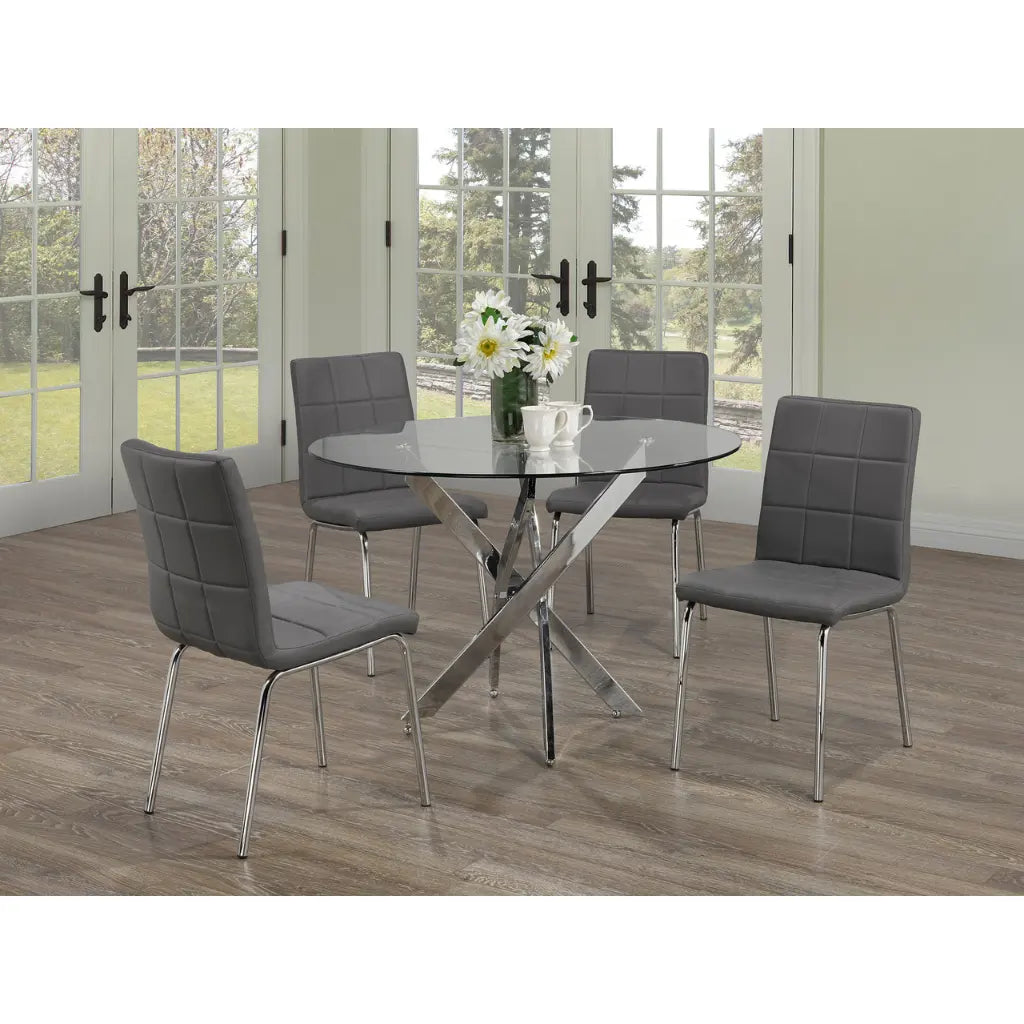 Round glass dining set with grey chairs 