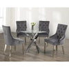 Dining set with a round  glass table and grey tufted chairs 