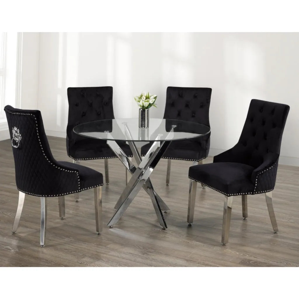 Dining set with black chairs and a glass dining table 