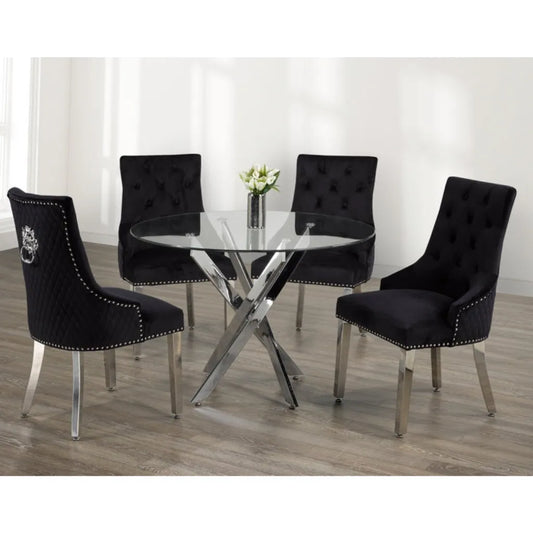 Dining set with black chairs and a glass dining table 