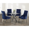 Dining set with four blue chairs and a round glass table 