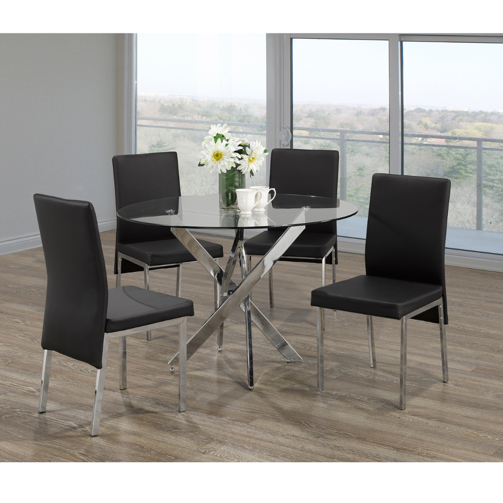 Dining set with black chairs and a glass table 