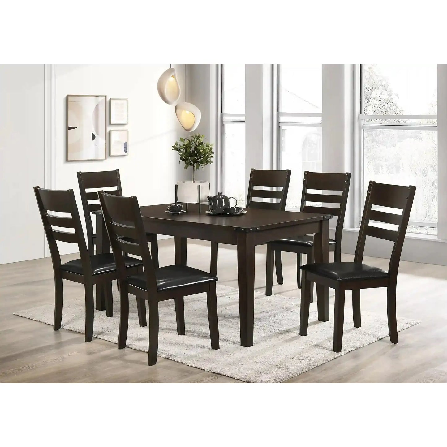 7-Piece Dining room set with a dark wood table and chairs for kitchen