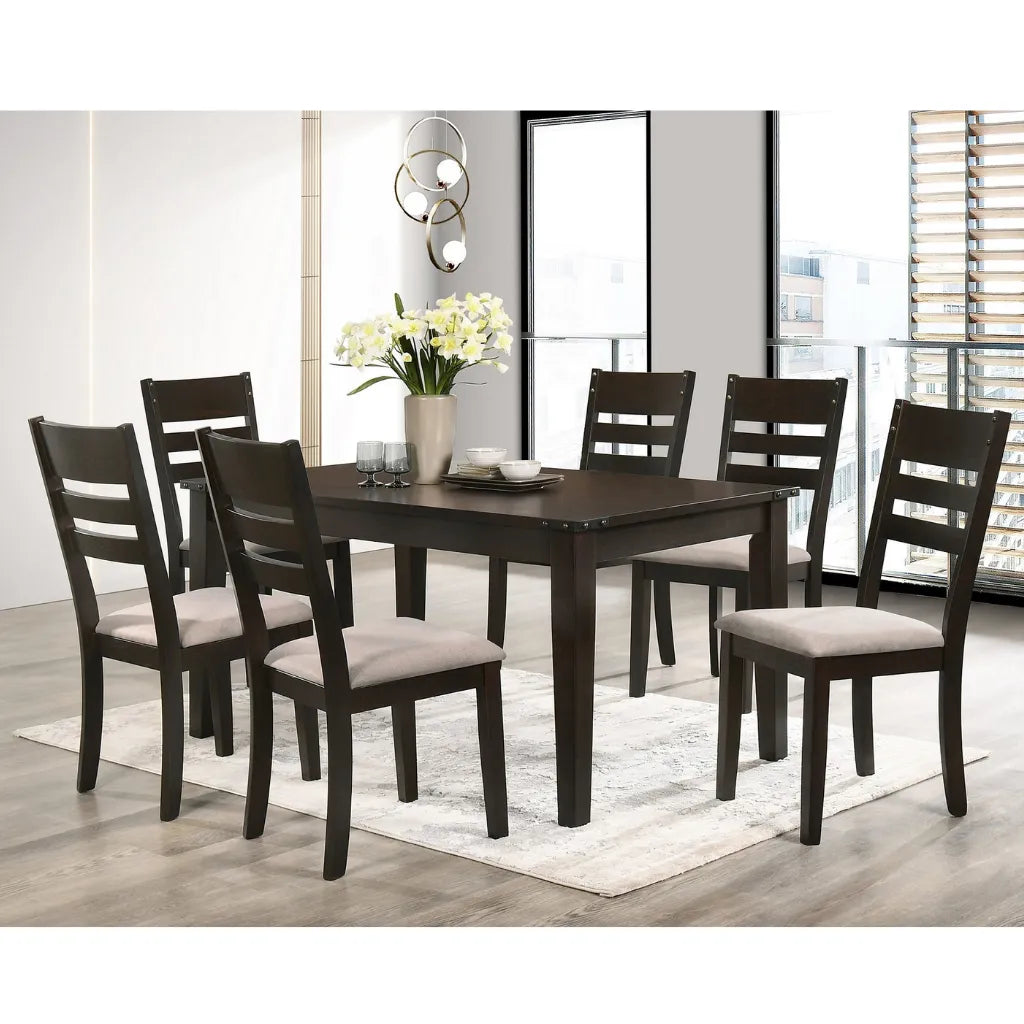 7-Piece Dining room set with dark wood table and grey fabric chairs on a light rug.