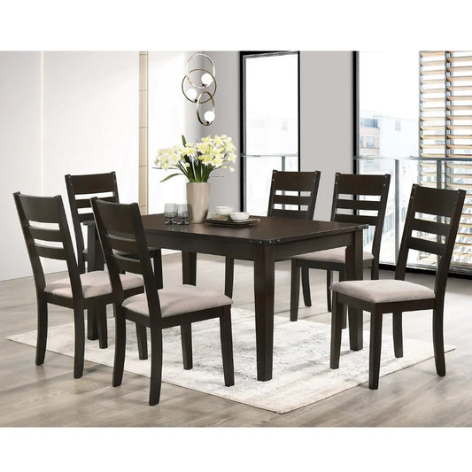 7-Piece Dining room set with dark wood table and grey fabric chairs on a light rug.