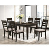 7-Piece Dining room set with dark wood table and grey fabric chairs on a light rug.