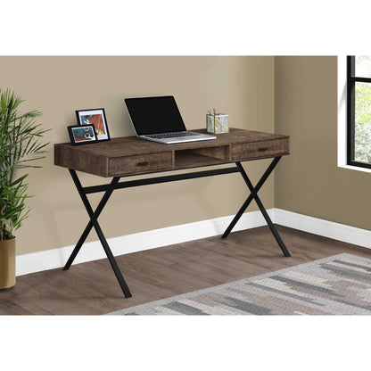 Rustic Brown Computer Desk  –  Small Space Office Desk with Metal X-Frame