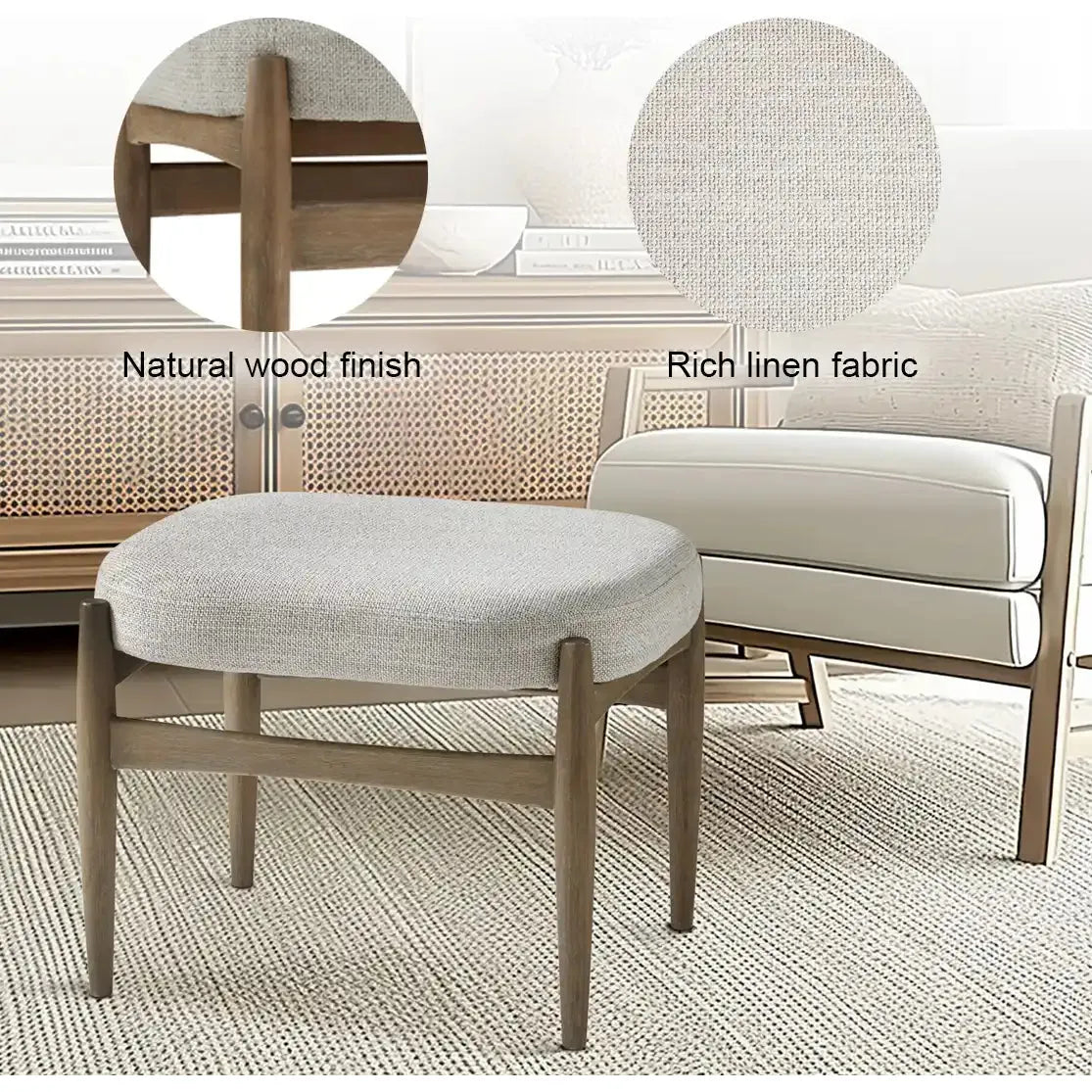 Salina Grey Linen Polyester Fabric Ottoman – Solid Wood Legs. Ottoman for living room.