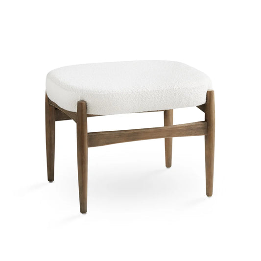 Salina White Boucle Fabric Ottoman – Solid Wood Legs for Living Room