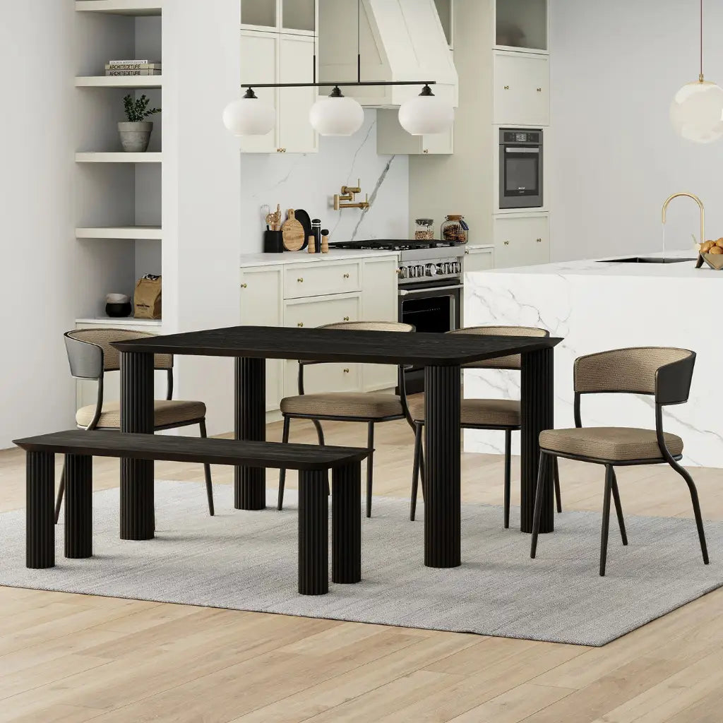 SangraKazan 6pc Solid Wood Dining Set With Bench Fabric Chairs