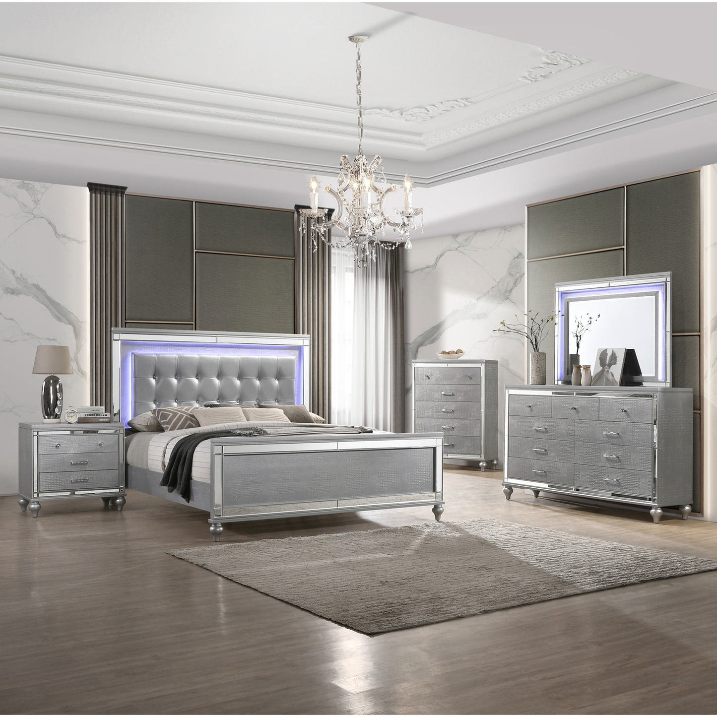 Valentino Silver Upholstered Panel Bedroom Set