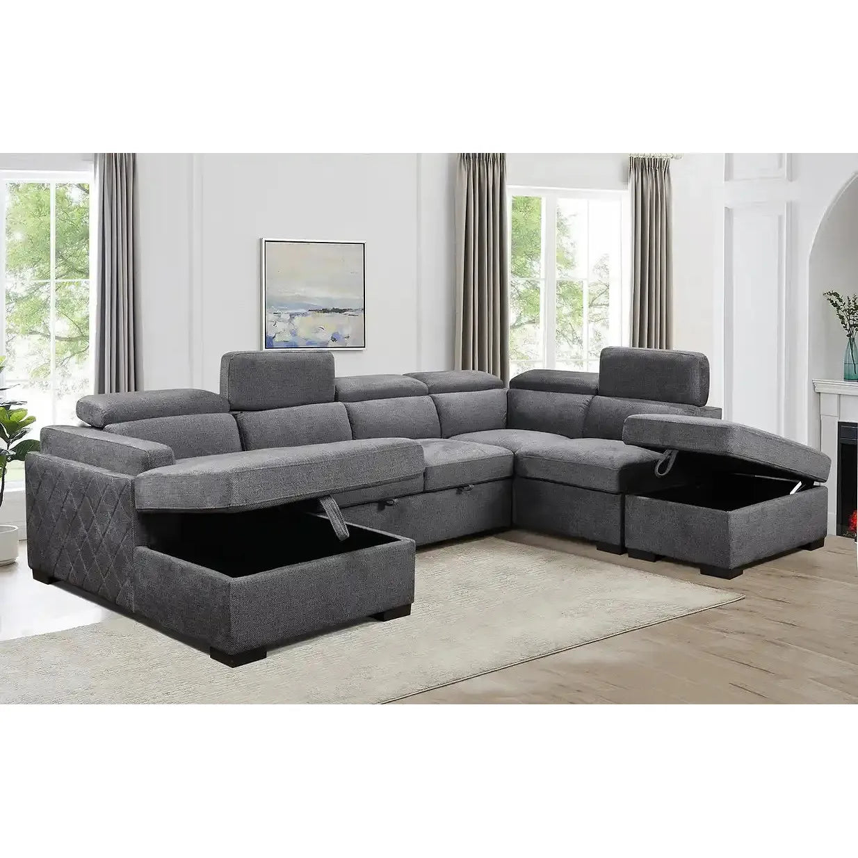 Gray sectional sofa with storage ottomans for living room at affordable price