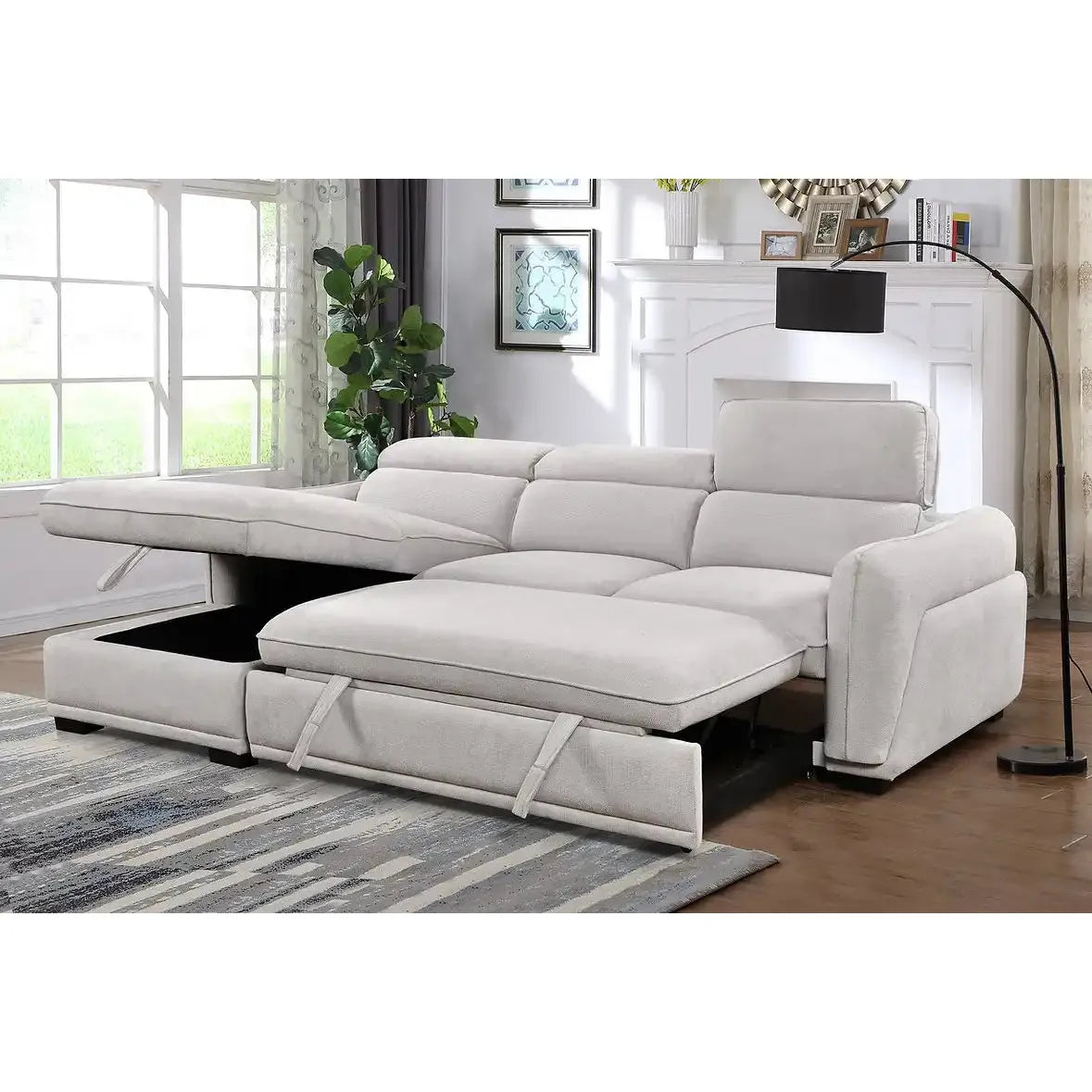 White sectional sofa with storage drawers for living room setting.