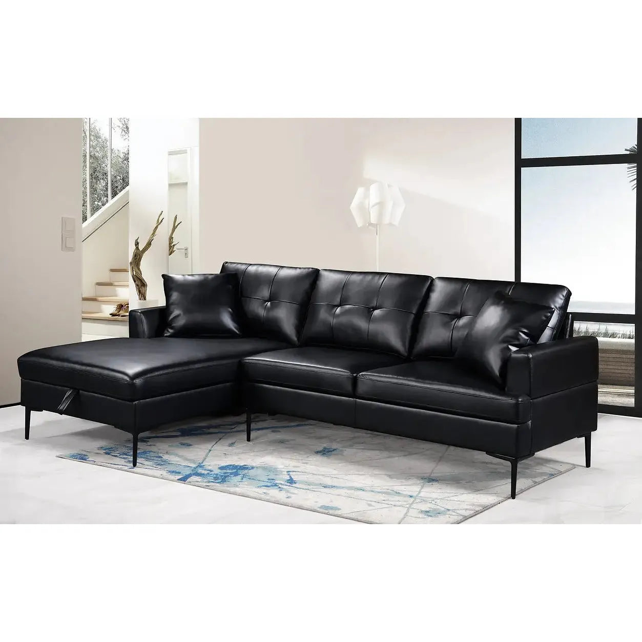 Black leather sectional sofa for modern living room 