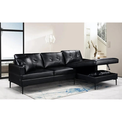 Black leather sectional sofa with storage
