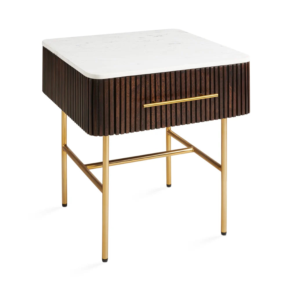 Serenity Marble Top Side Table with Gold Base & Fluted Wood Drawer