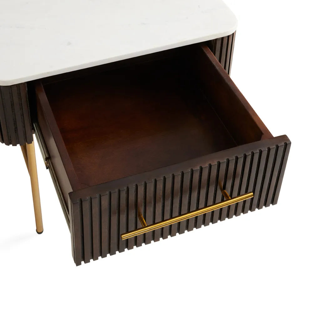 Serenity Marble Top Side Table with Gold Base & Fluted Wood Drawer