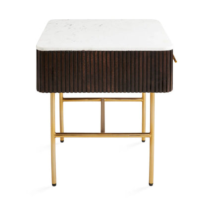 Serenity Marble Top Side Table with Gold Base & Fluted Wood Drawer