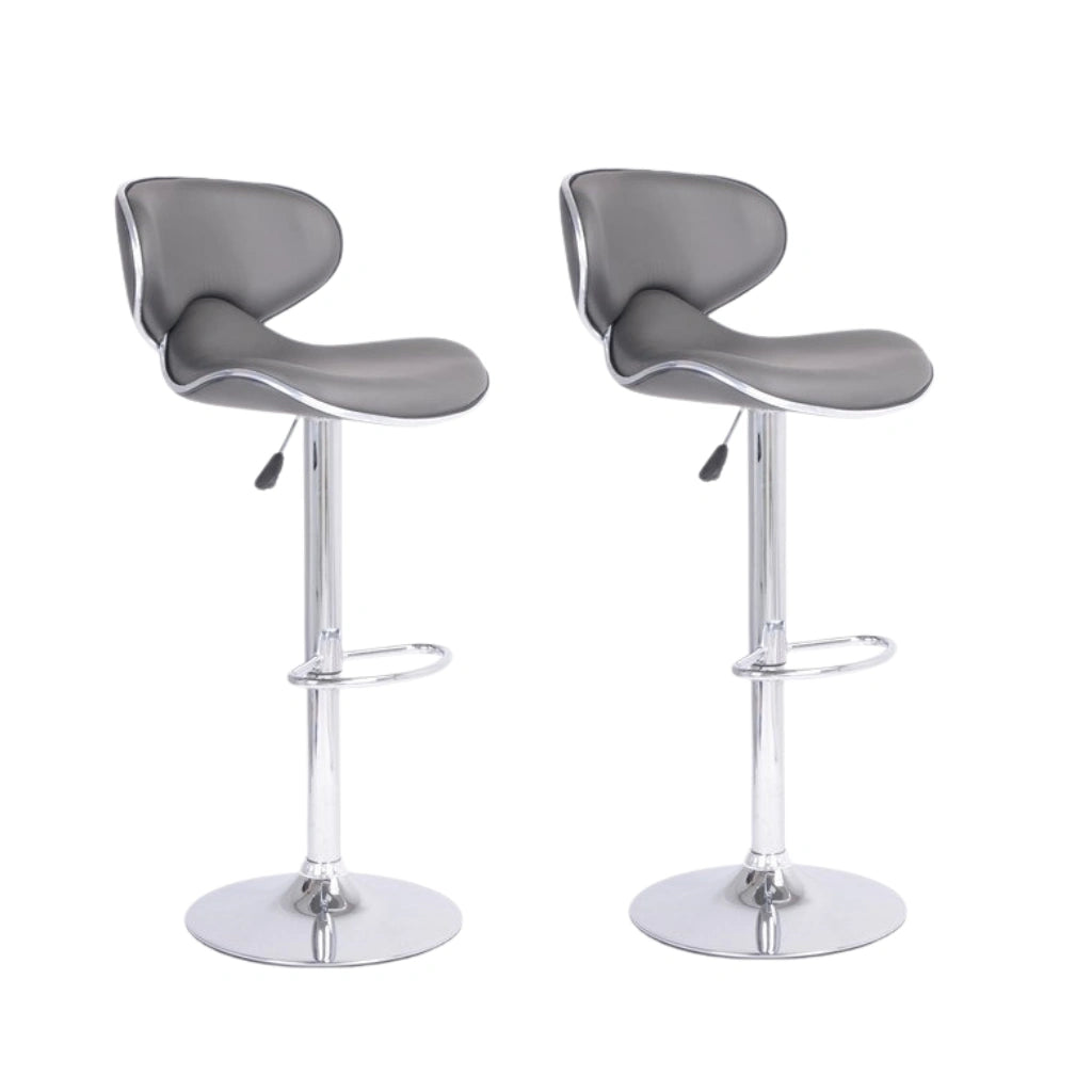 Two grey bar stools with chrome bases 