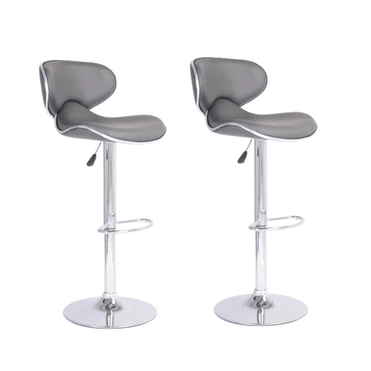 Two grey bar stools with chrome bases 
